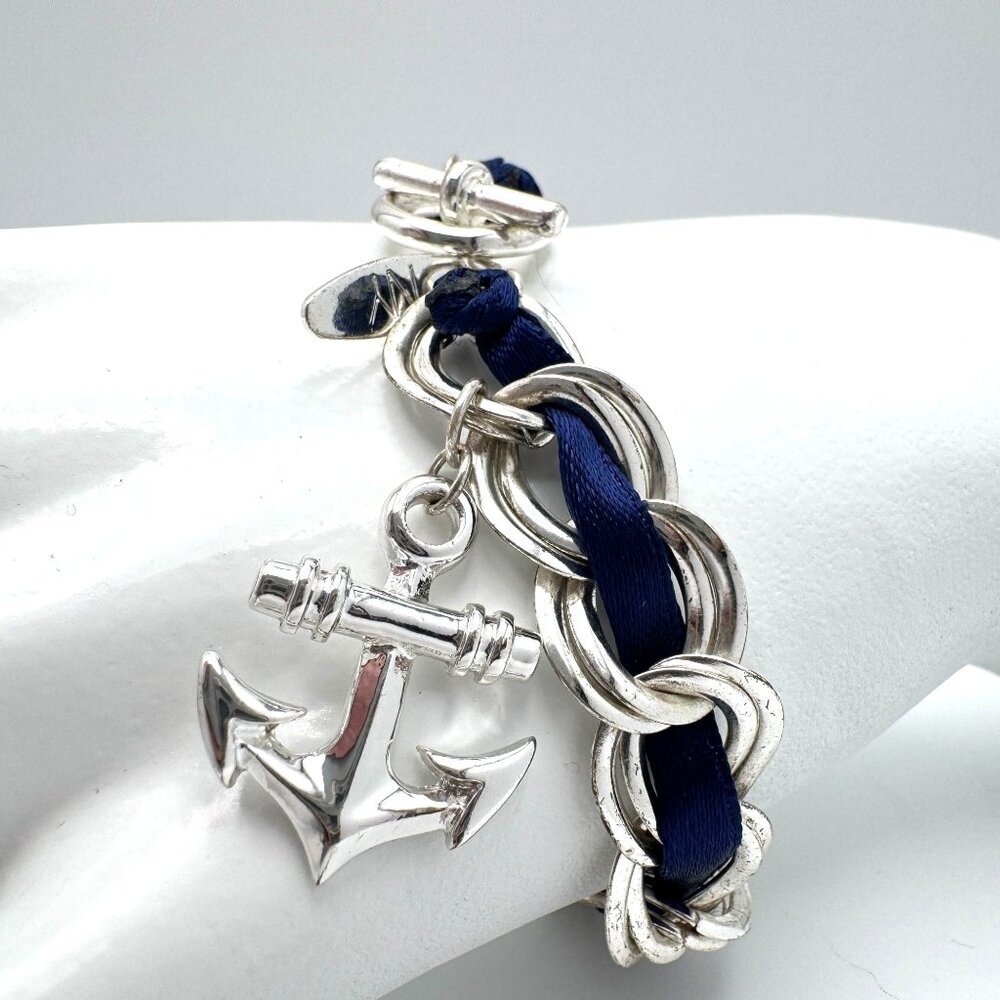 NY&Co Silver Tone Chain Bracelet Ship Anchor Navy Blue Ribbon Toggle Clasp 8"